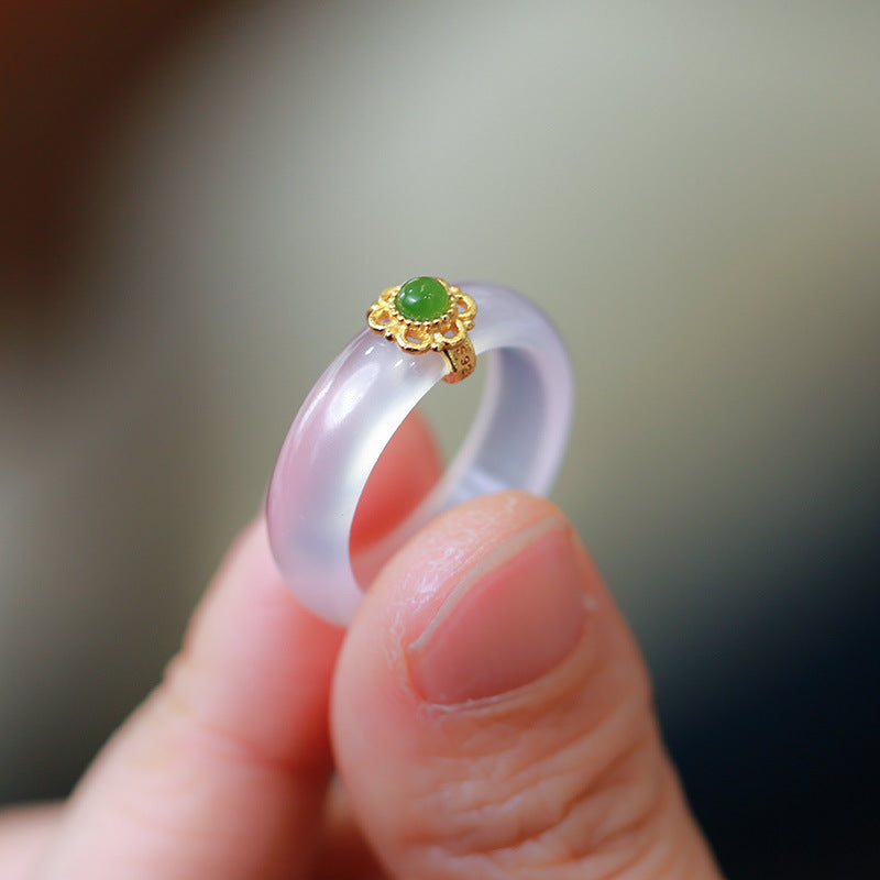 Nationaler Trend Natürlicher weißer Achatring mit Chalcedon-Kombination S925 Silber eingelegter südroter Achat Türkis Jade Damenring Schmuck