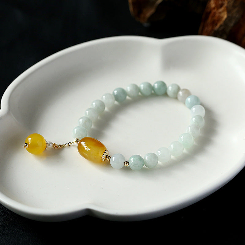 Original and Natural A Jade Bracelet with Agate Tassel Pendant14K Gold-Plated Women's Valentine's Day Gift Jade Bracelet