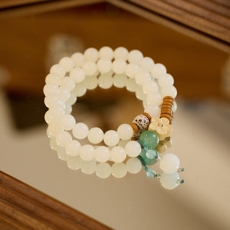 Natural White Jade Bodhi Bracelet Wealth Flower Green Aventurine Bodhi Double Circle Cultural Play Bracelet Buddhist Prayer Beads Bracelet