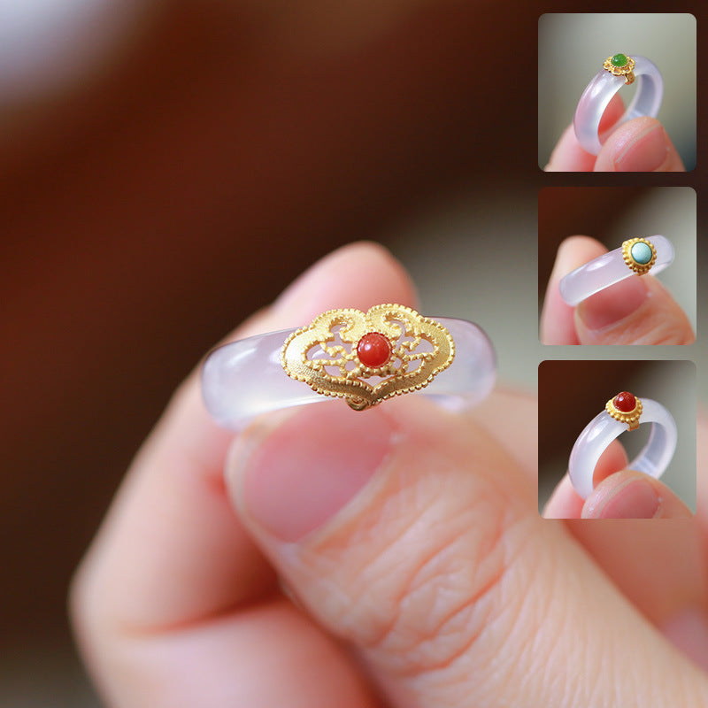 Nationaler Trend Natürlicher weißer Achatring mit Chalcedon-Kombination S925 Silber eingelegter südroter Achat Türkis Jade Damenring Schmuck