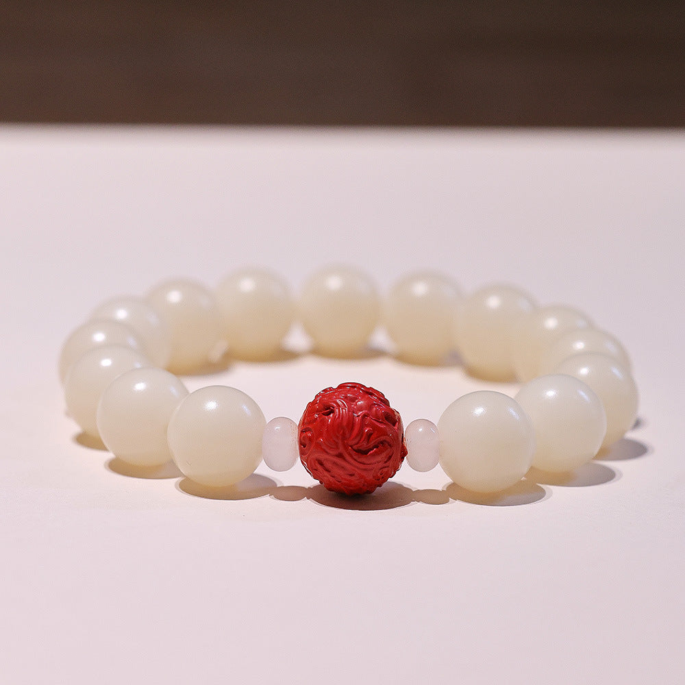 Natural12MM White Jade Bodhi Bracelet Cinnabar Red Sand Bracelet Pliable Temperament Bracelet Men and Women Single Circle Prayer Beads Beads