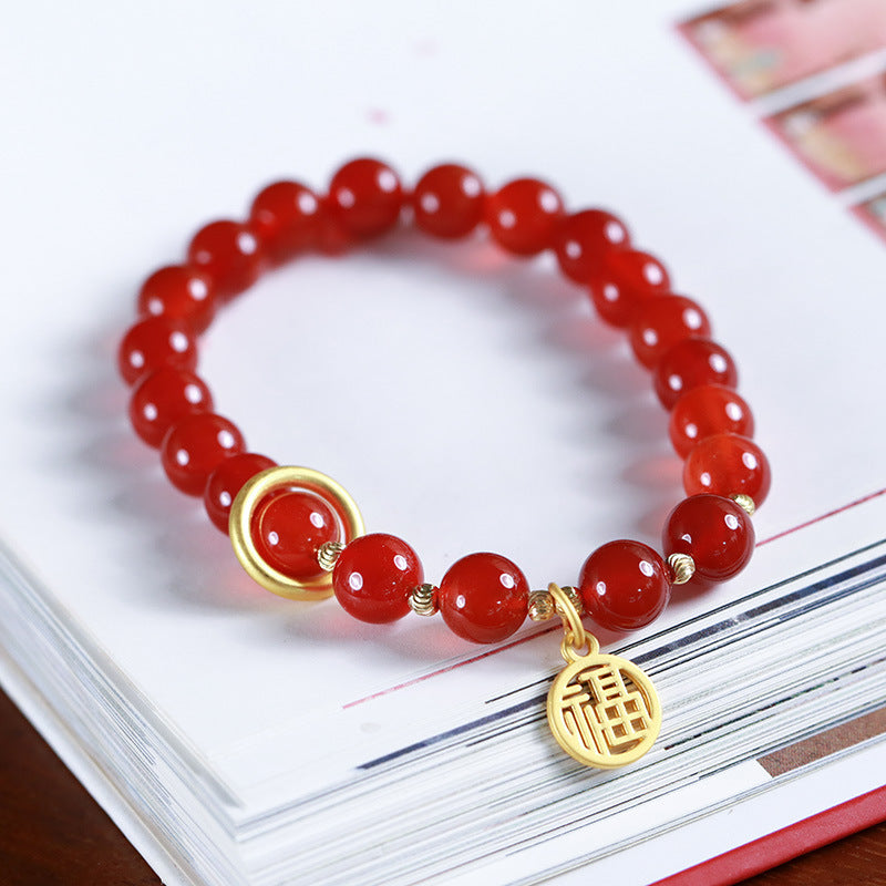 Live Streaming Natural8MM Red Agate Bracelet for Women Fortune Pendant Chalcedony Agate High-end Design Bracelet