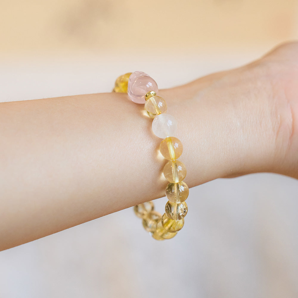 Natural Yellow Crystal Pixiu Bracelet for Women, Wealth Rolling Pink Crystal Pixiu Beaded Bracelet, Qixi Festival Gift for Girlfriend