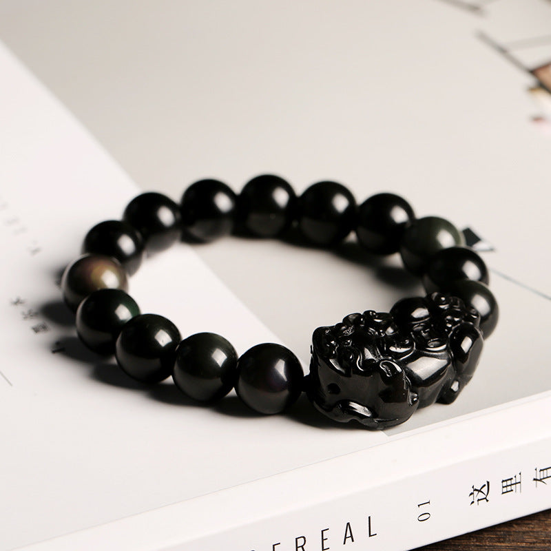 Natural Rainbow Eye Obsidian Pixiu Bracelet16mm Natural Obsidian Pixiu Men's Buddhist Bead Bracelet