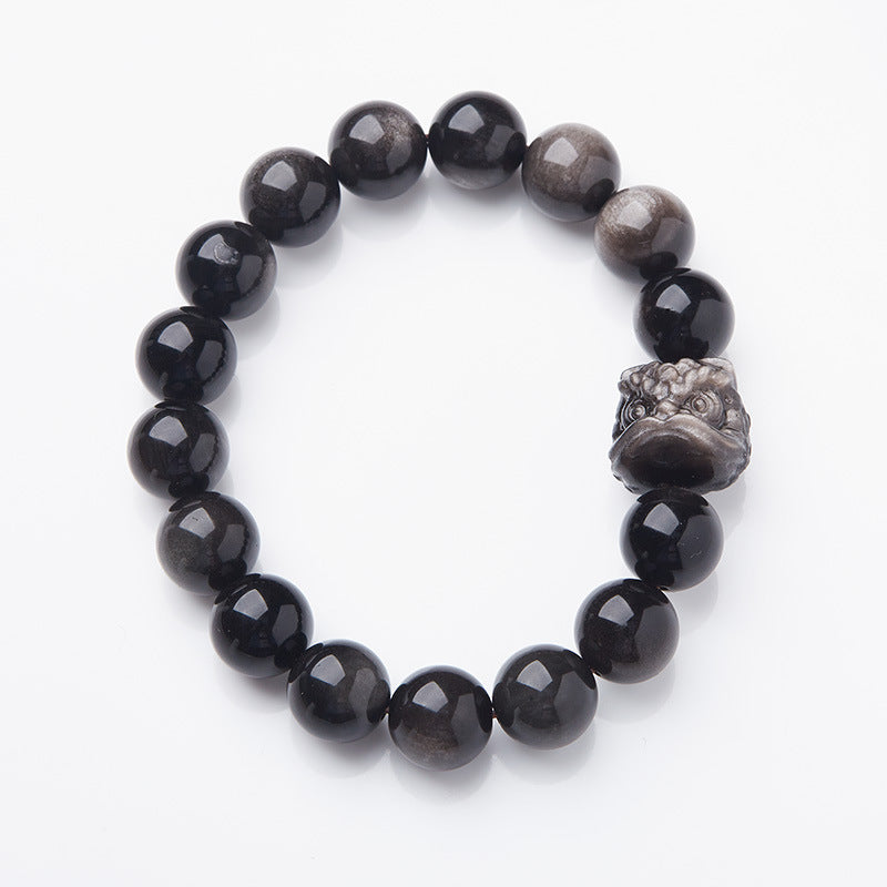 Natural Obsidian Bracelet Double Eyes Silver Stone Buddha Beads Good Luck Xingshi Bracelet Men and Women Bracelet of Birth Year