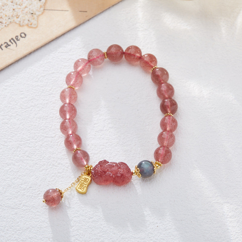 Natural Strawberry Quartz Bracelet for Women Wealth Flower Pixiu Good Luck Pink Crystal Gemstone Design Bracelet Gift