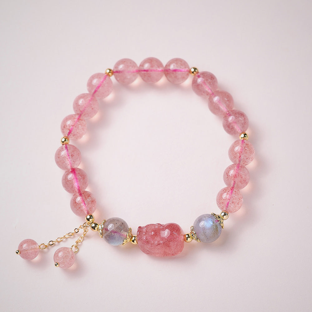 Natural Strawberry Quartz Bracelet for Women, Peach Blossom Blooming, Niche Style, Best Friends, Students, Pink Beads, Crystal Bracelet