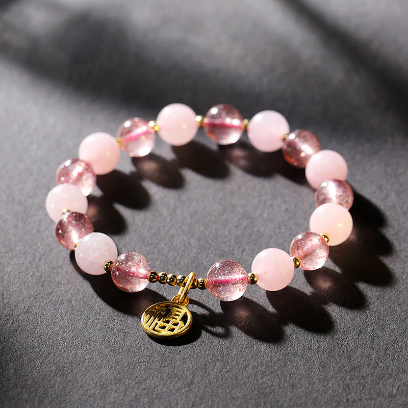 Custom Natural Strawberry Quartz Bracelet for Women Pigeon Blood Red Quartz DIY Pink crystal peach blossom beads