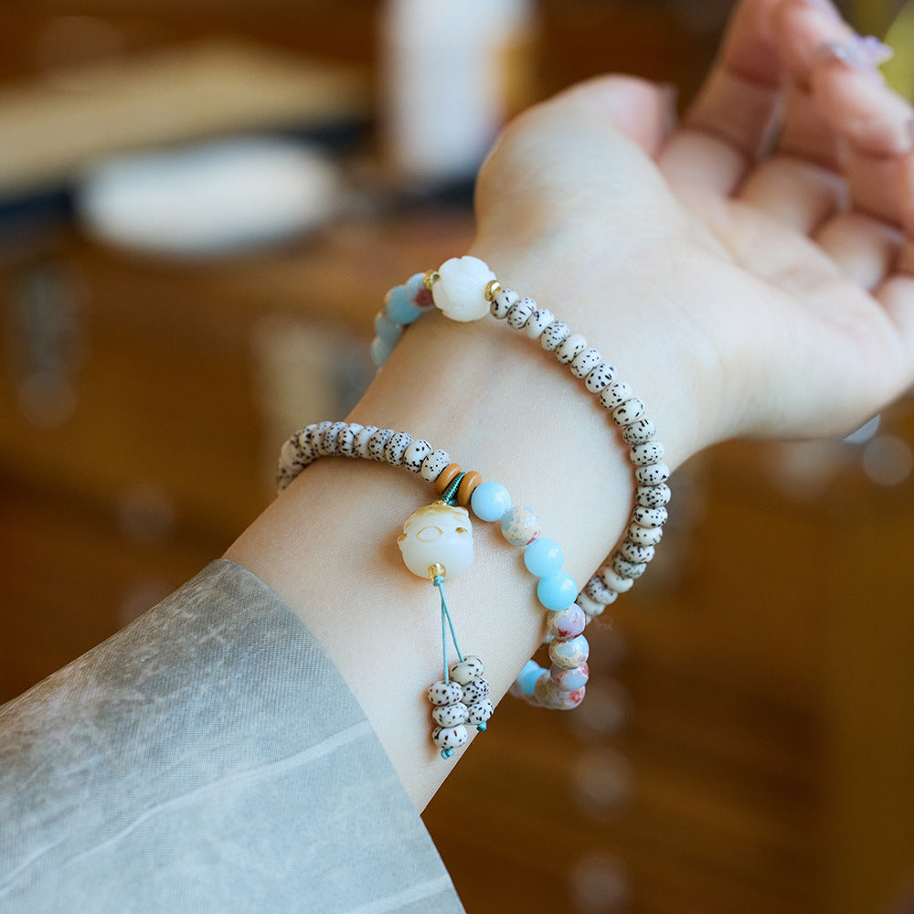 New Chinese Style Natural Shoushan Stone Bracelet Star Moon Bodhi Charcoal Burnt Small Cat Double Circle Wenwan Bracelet Buddhist Prayer Beads
