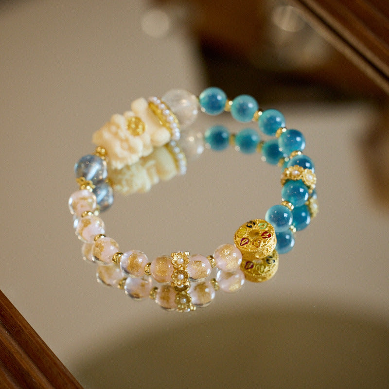 Temple Style Natural Blue Heart Agate Bracelet Wealth Hugging Dragon Gold Foil Double Combination Incense Ash Glaze Bracelet