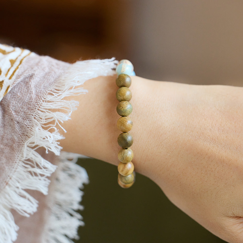 National Style Shoushan Stone Bracelet for Women Fashion Single Circle Green Sandalwood Bead Bracelet Artistic Ethnic Retro Jewelry