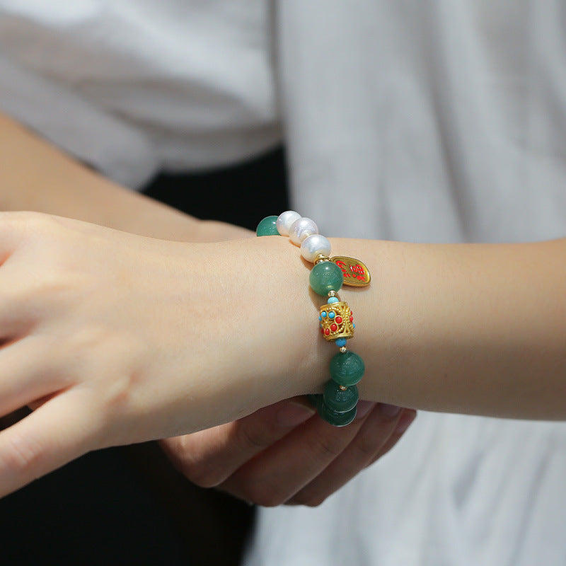 Vintage Chinese Style Green Aventurine Bracelet Pearl Pendant Fortune Bracelet Jade Crystal Ethnic Style Jewelry