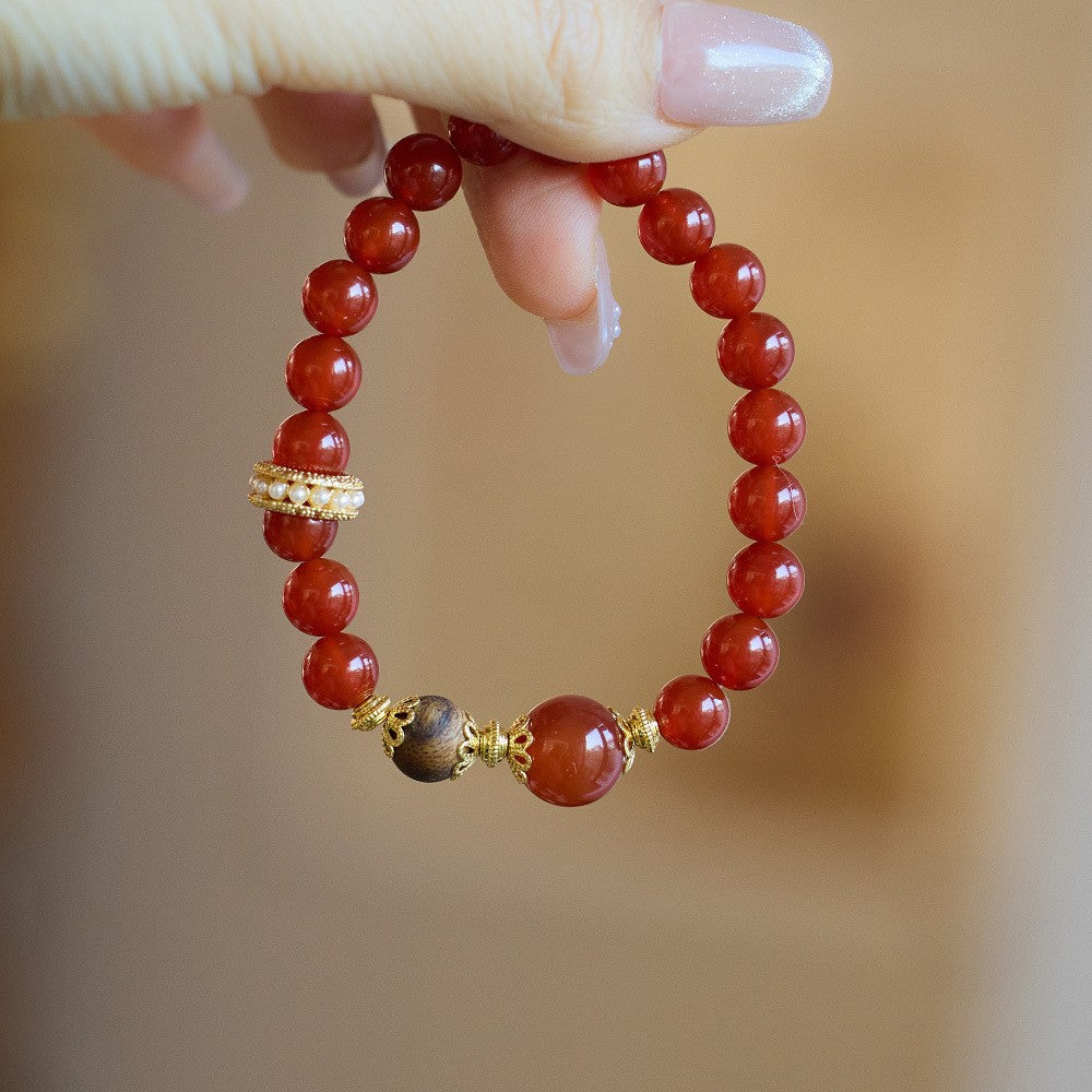 Live Streaming Natural8MM Red Agate Bracelet for Women Fortune Pendant Chalcedony Agate High-end Design Bracelet
