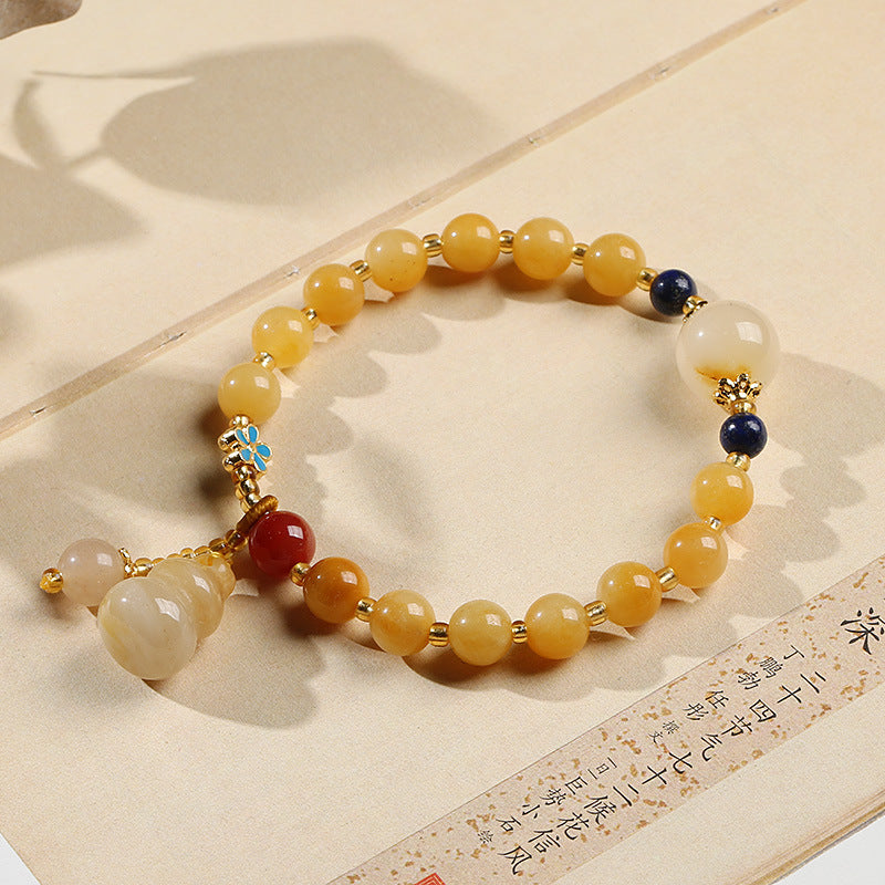 Feiyi Natural Xinjiang Golden Silk Jade Yellow Bracelet Best Friend Gift Small Gourd Tassel Women's Round Bead Jade Bracelet