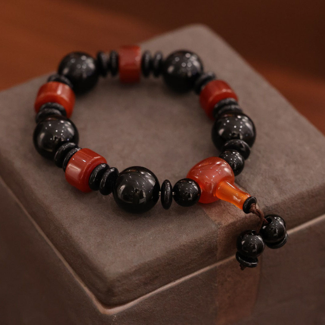 Original Natural Agate Bracelet with Wrapped Silk Domineering Single Circle Men's Abacus Bead Bracelet Ethnic Style Gift Accessories