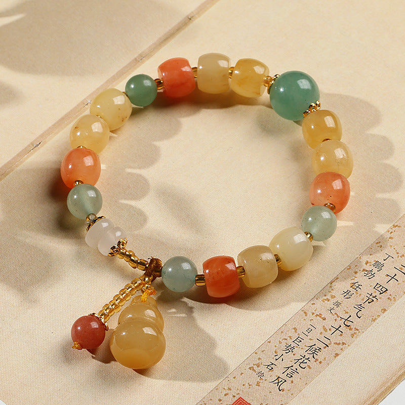 Qiyi Natural Xinjiang Jinsi Jade Bracelet Ethnic Style Colorful Jade Candy Color Yellow Green Barrel Beads Hanging Gourd Bracelet