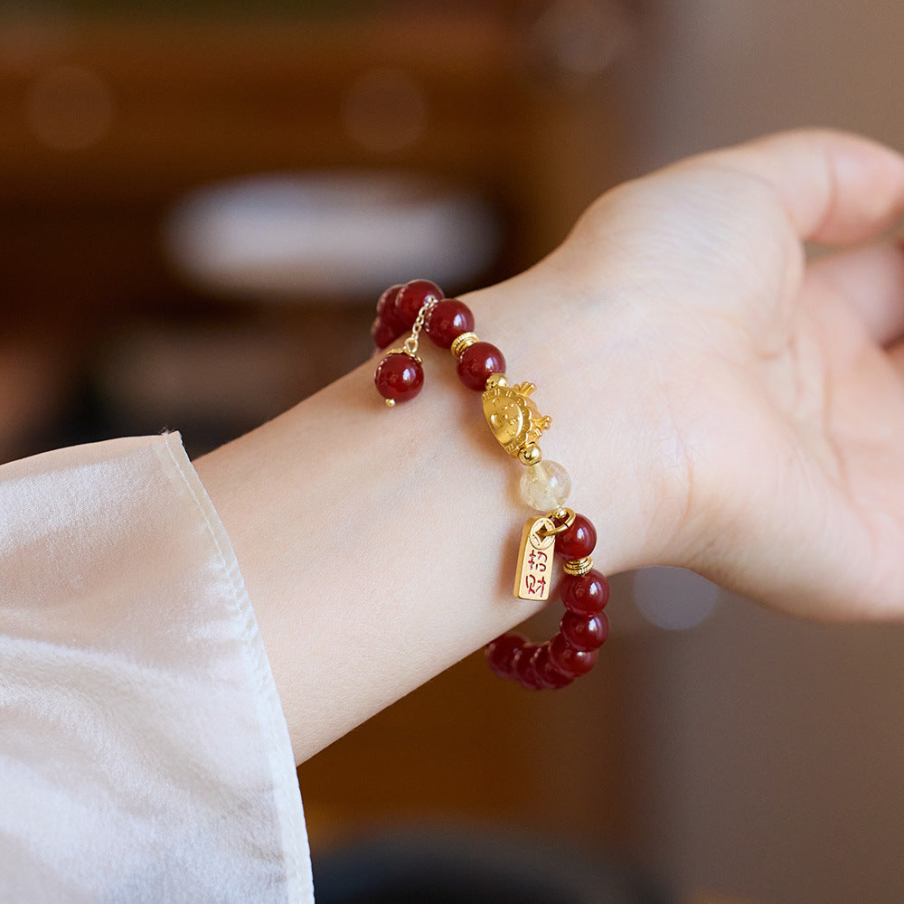 Natural8MM Red Agate Bracelet S925Silver and Gold Cloud Pattern Hetian Jade Fortune Bracelet for Women, Chinese Style Qixi Gift