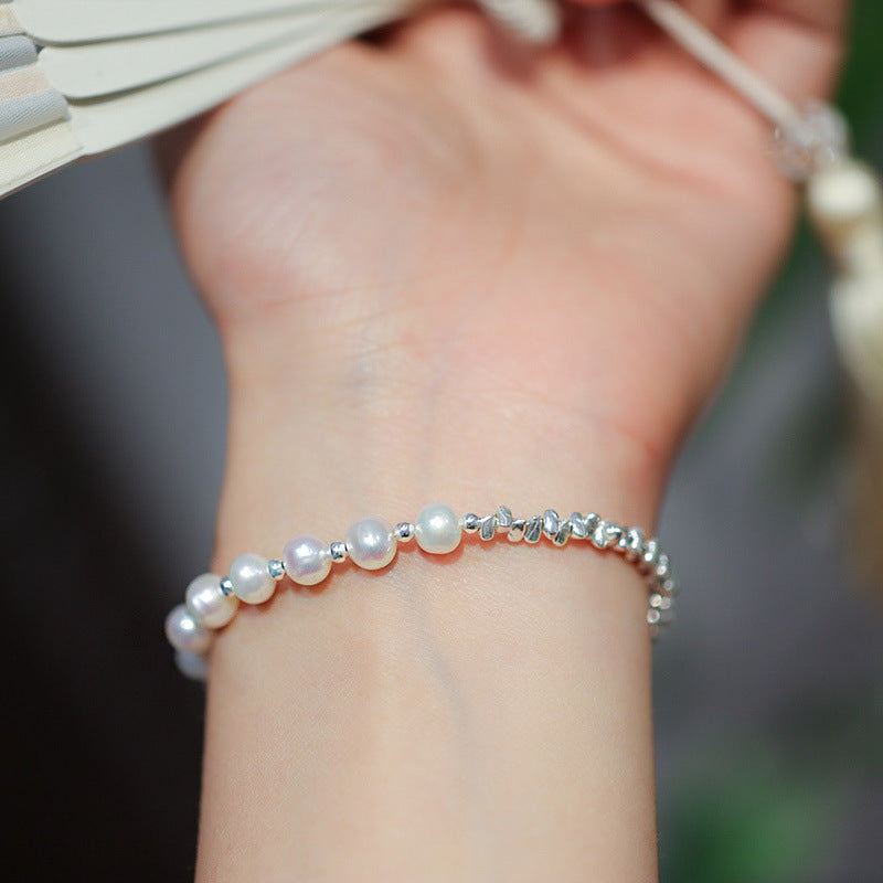 Chinese Style Natural Freshwater Pearl Bracelet for Women S925Sterling Silver Fragmented Peace Bracelet Simple Fragmented Silver Best Friend Gift