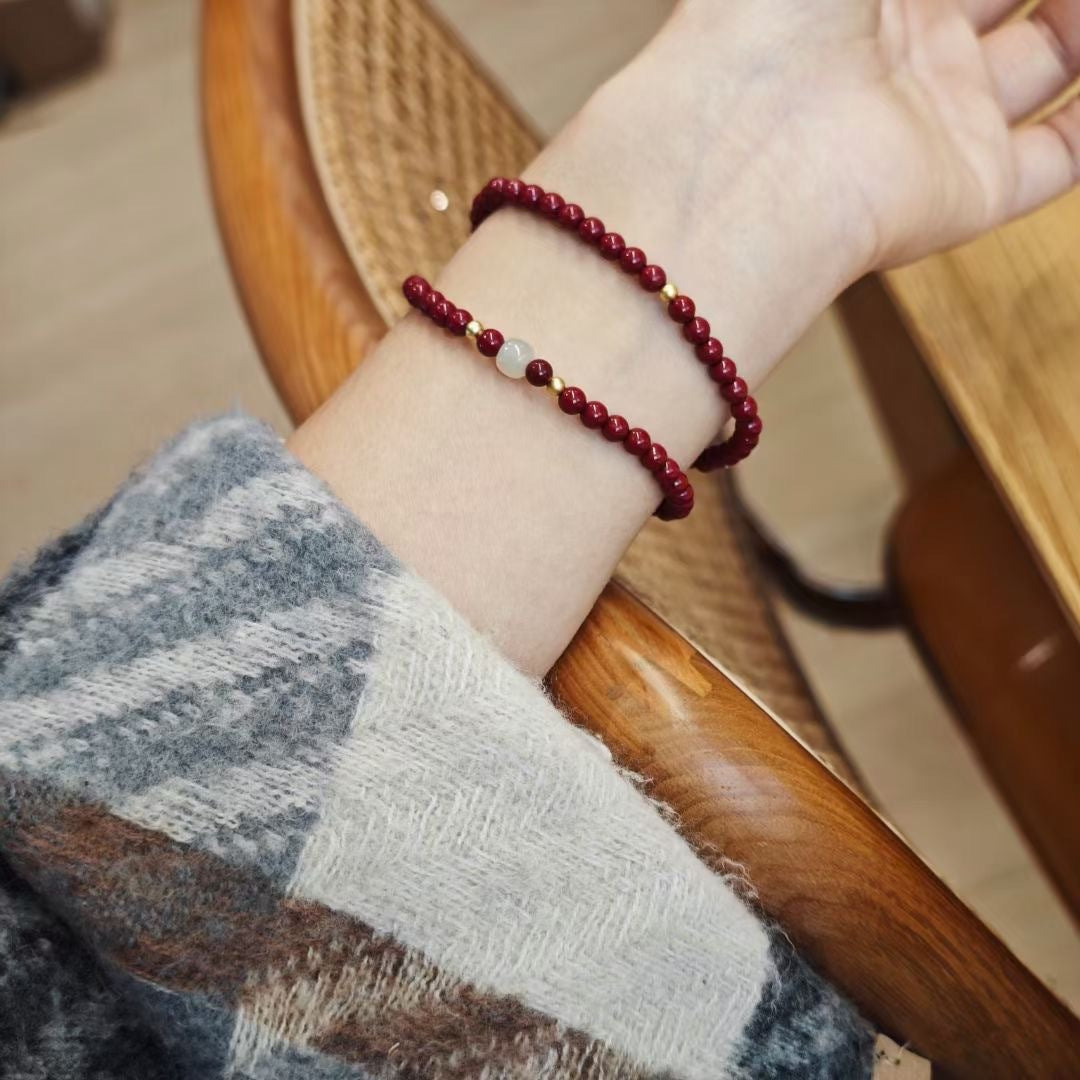 Xiangxi Raw Ore Natural Cinnabar Bracelet S925Silver Hetian Jade Single Circle Bracelet Birthday Year Cinnabar Gift