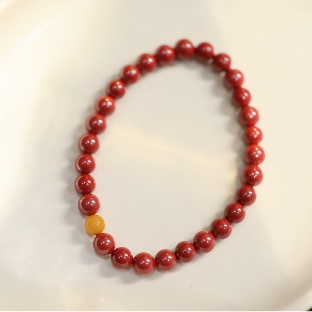 Custom Natural High Content Imperial Sand Bracelet with Amber and Pearl, Chinese Style Red Birth Year Cinnabar Beaded Bracelet