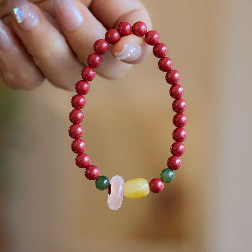 Custom Natural High Content Imperial Sand Bracelet with Amber and Pearl, Chinese Style Red Birth Year Cinnabar Beaded Bracelet