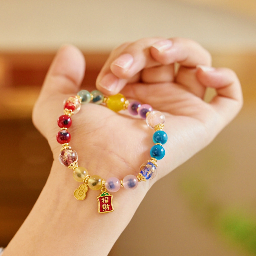 Temple Style Natural Soft Heart Agate Bracelet Five-Way Wealth God Dopamine Glass Bracelet Gift for Best Friend