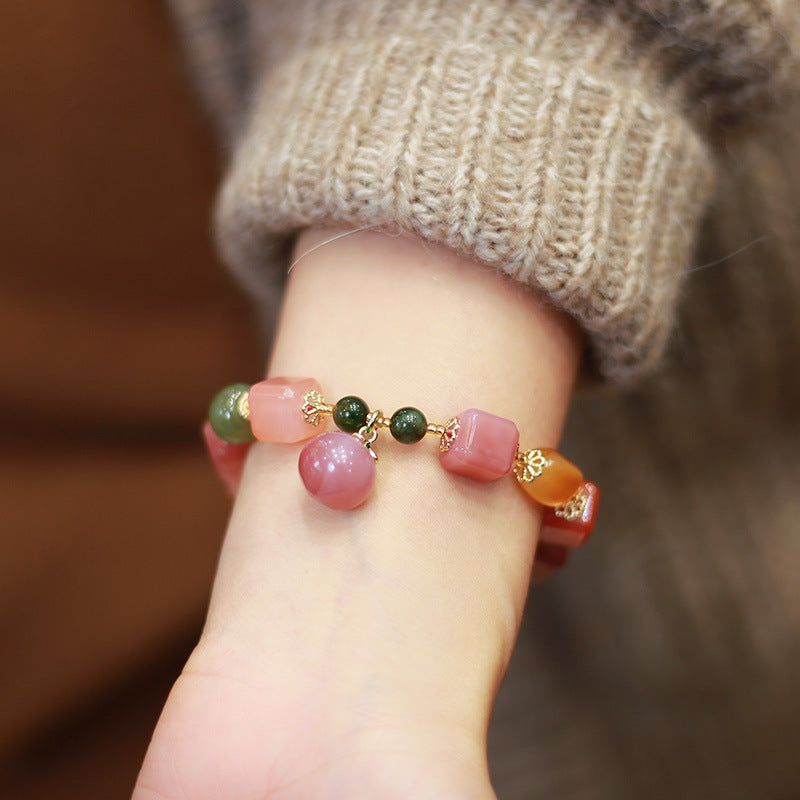 Natural Salt Source Agate Cube Bracelet with Hanging Peach Jasper Barrel Beads Amber Irregular Shape Candy Color Multi-Gem Bracelet for Women