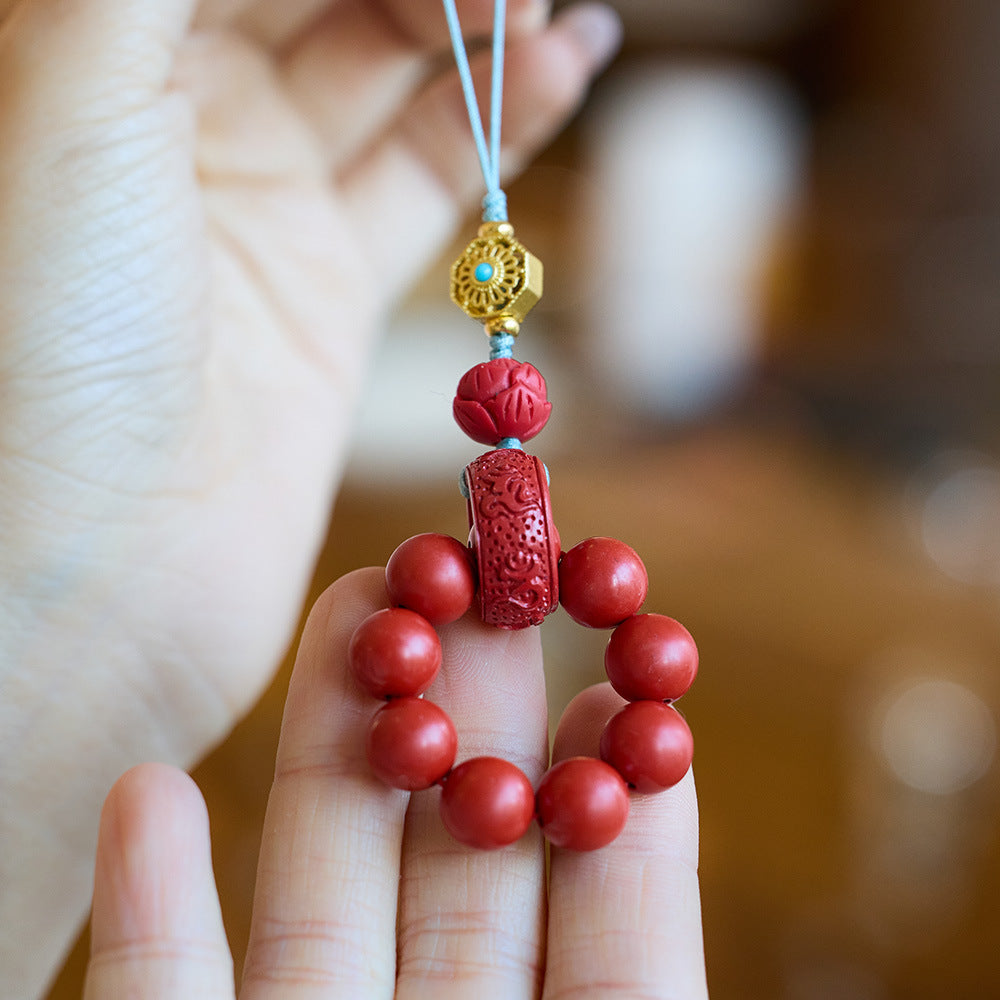 Natural Cinnabar Mobile Phone Charm Buddha Beads Red Sand Hand Toy Mobile Phone Lanyard Keychain Animal Year Pendant Gift
