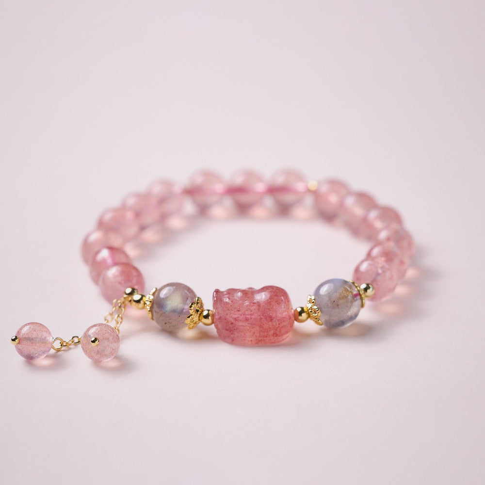 Natural Strawberry Quartz Bracelet for Women, Peach Blossom Blooming, Niche Style, Best Friends, Students, Pink Beads, Crystal Bracelet