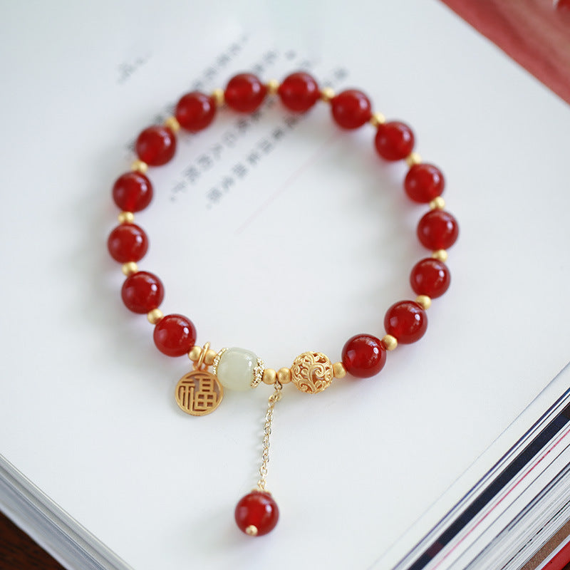 Natural8MM Red Agate Bracelet S925Silver and Gold Cloud Pattern Hetian Jade Fortune Bracelet for Women, Chinese Style Qixi Gift