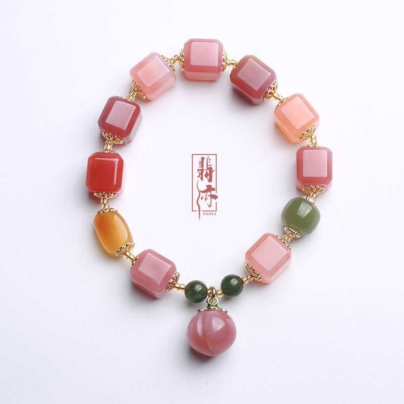 Natural Salt Source Agate Cube Bracelet with Hanging Peach Jasper Barrel Beads Amber Irregular Shape Candy Color Multi-Gem Bracelet for Women