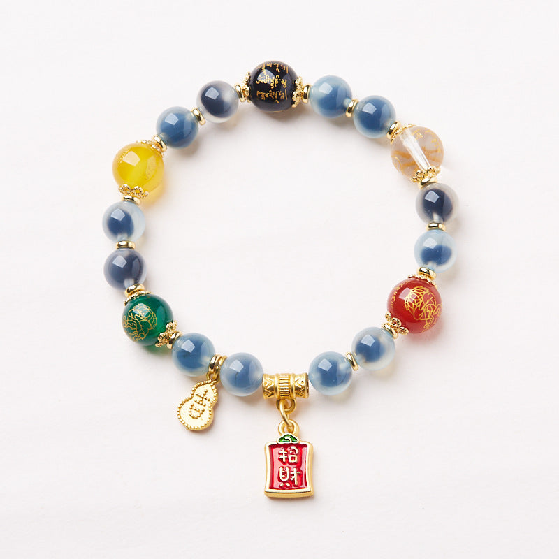 Temple Style Natural Blue Agate Bracelet Five-Way Wealth God Half-Sugar Agate Treasure Bowl Bracelet Gift
