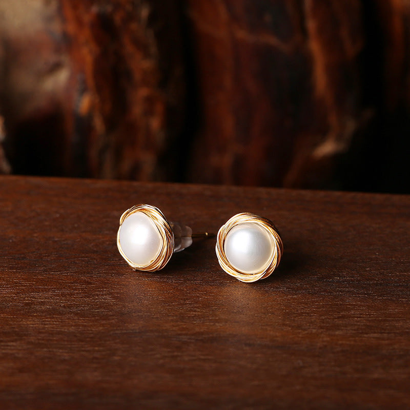 Handgefertigte, mit 14 Karat Gold gefüllte, mit Draht umwickelte Ohrringe aus natürlicher Perle im Vintage-Palaststil, super beliebt, elegante Ohrringe im Internet-Promi-Stil für Frauen
