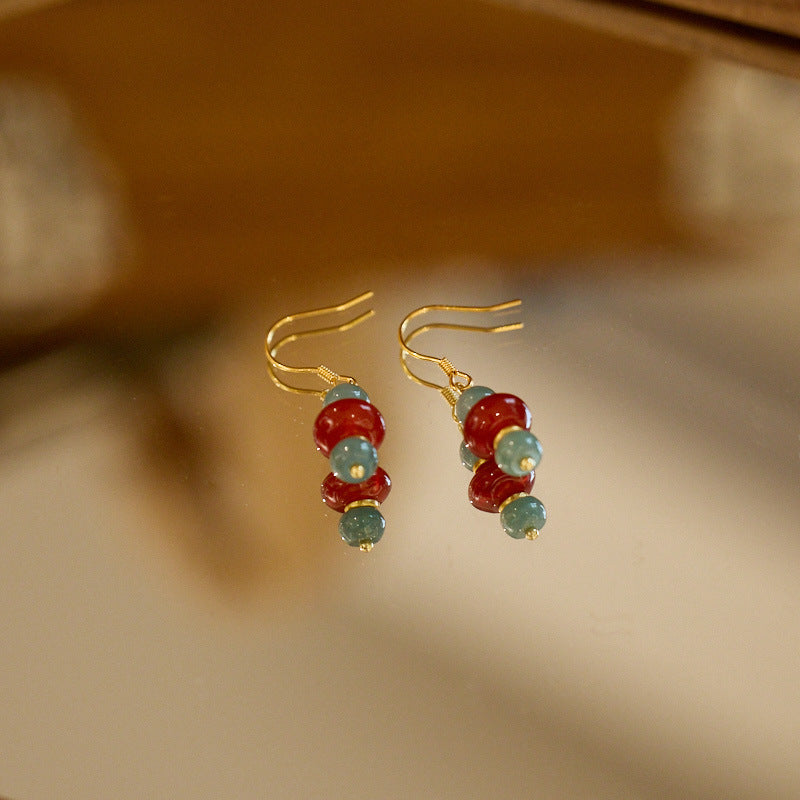 Natural Blue Water Jade Earrings S925Silver Thousand Miles of Rivers and Mountains Red Agate National Style Earrings New Chinese Hook Earrings