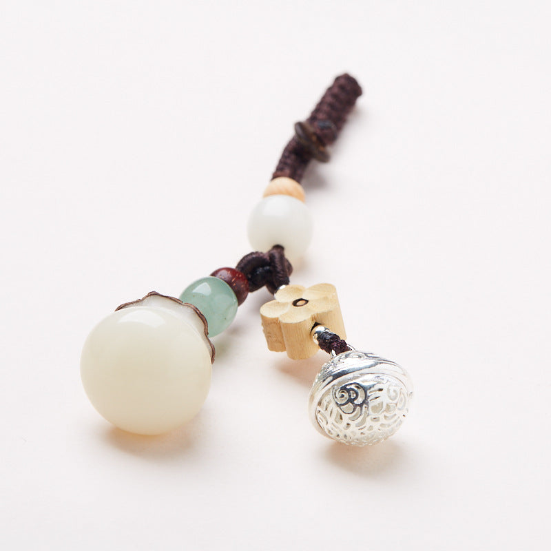 Natural White Jade Bodhi Money Bag Keychain Bell Money Flower Creative Pendant Car Keychain Decoration