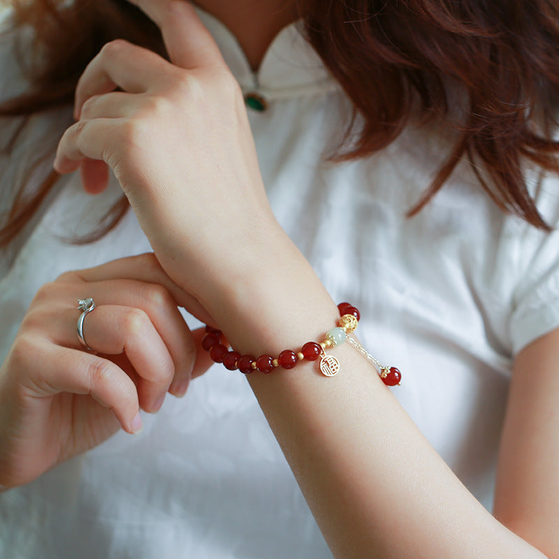 Natural8MM Red Agate Bracelet S925Silver and Gold Cloud Pattern Hetian Jade Fortune Bracelet for Women, Chinese Style Qixi Gift