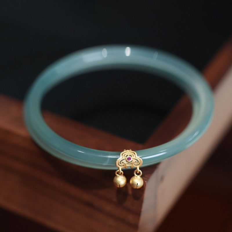 Sky Blue Dingdang Bracelet Hollow Ruyi Bell Style for Women Chalcedony Agate Bracelet Artistic Retro Jade Bracelet Chinese Style