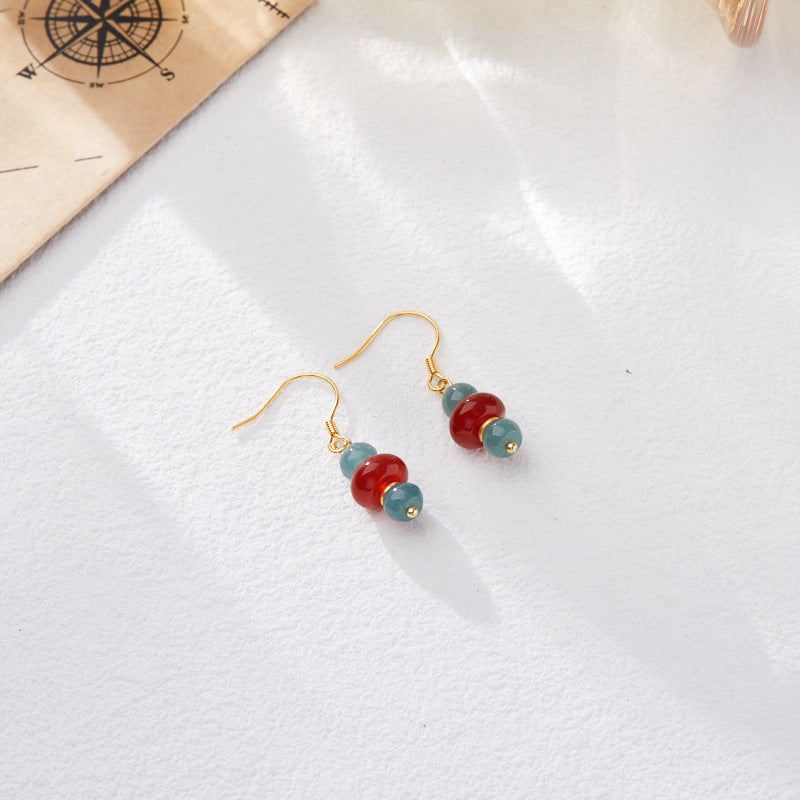 Natural Blue Water Jade Earrings S925Silver Thousand Miles of Rivers and Mountains Red Agate National Style Earrings New Chinese Hook Earrings