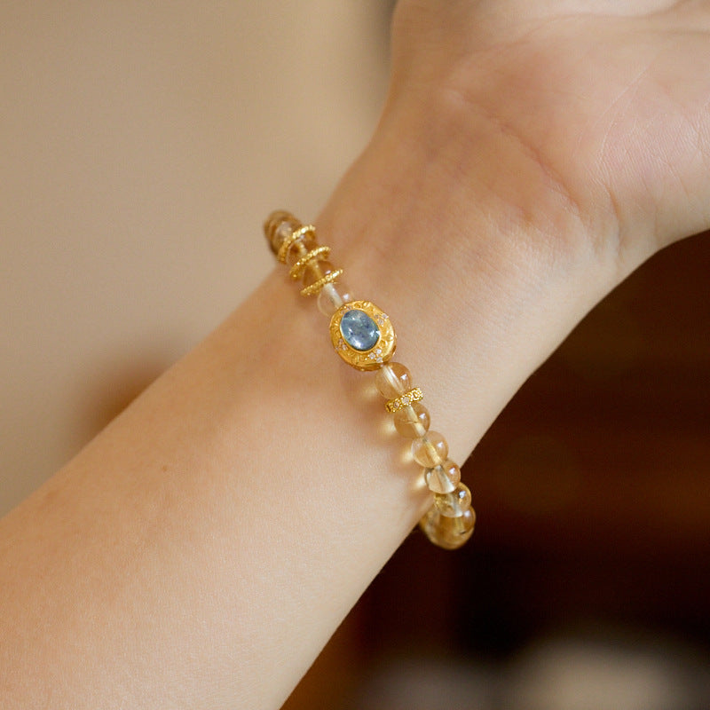 Natural Brazilian Citrine Bracelet for Women Aquamarine Fairy Princess Bracelet Yellow Azeztulite Good Luck Crystal Bead Bracelet