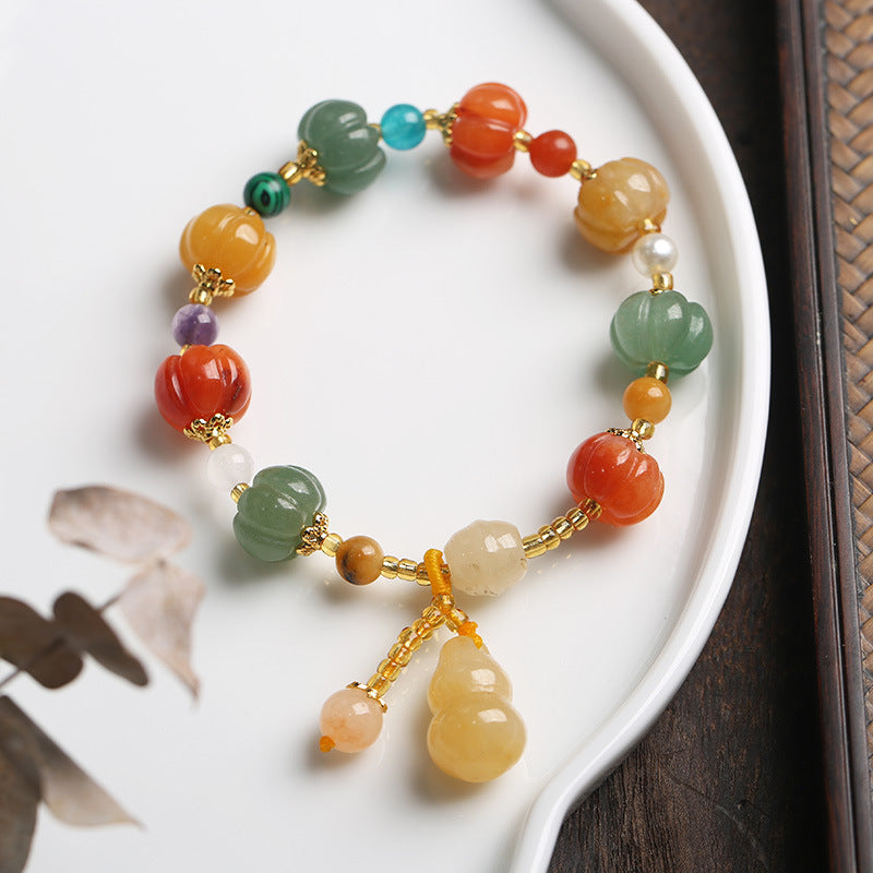 Feiyi Jewelry Gold Silk Jade Bracelet Drum Beads Pumpkin Beads Gourd Ethnic Style Bracelet Yellow Jade Pixiu Bracelet for Women