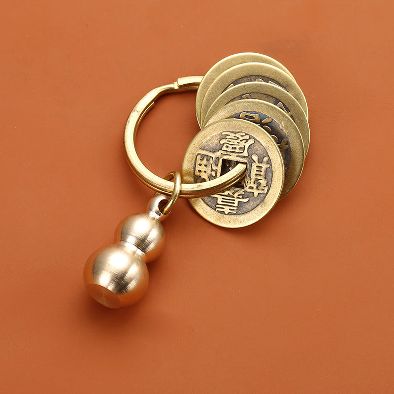 Pure Copper Five Emperor Coins Brass Gourd Keychain Pendant Portable Copper Coin Small Pendant Small Ornament