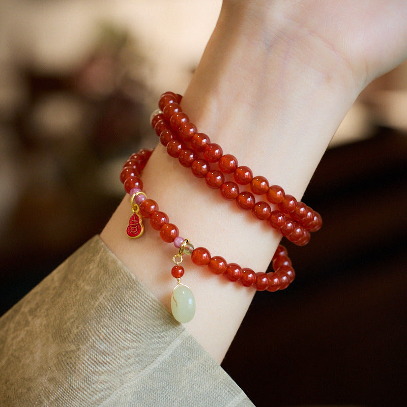 Natural6MM Red Agate Three Circle Bracelet Hetian Jade Peace Buckle Retro Ethnic Style Bracelet Best Friend Gift