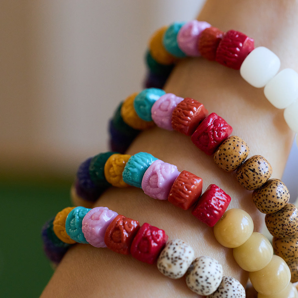 Natural Hainan White Jade Bodhi Bracelet Seven Colors Rainbow Lion Dance Zodiac Year Cultural Play Bracelet Dragon Year Accessories