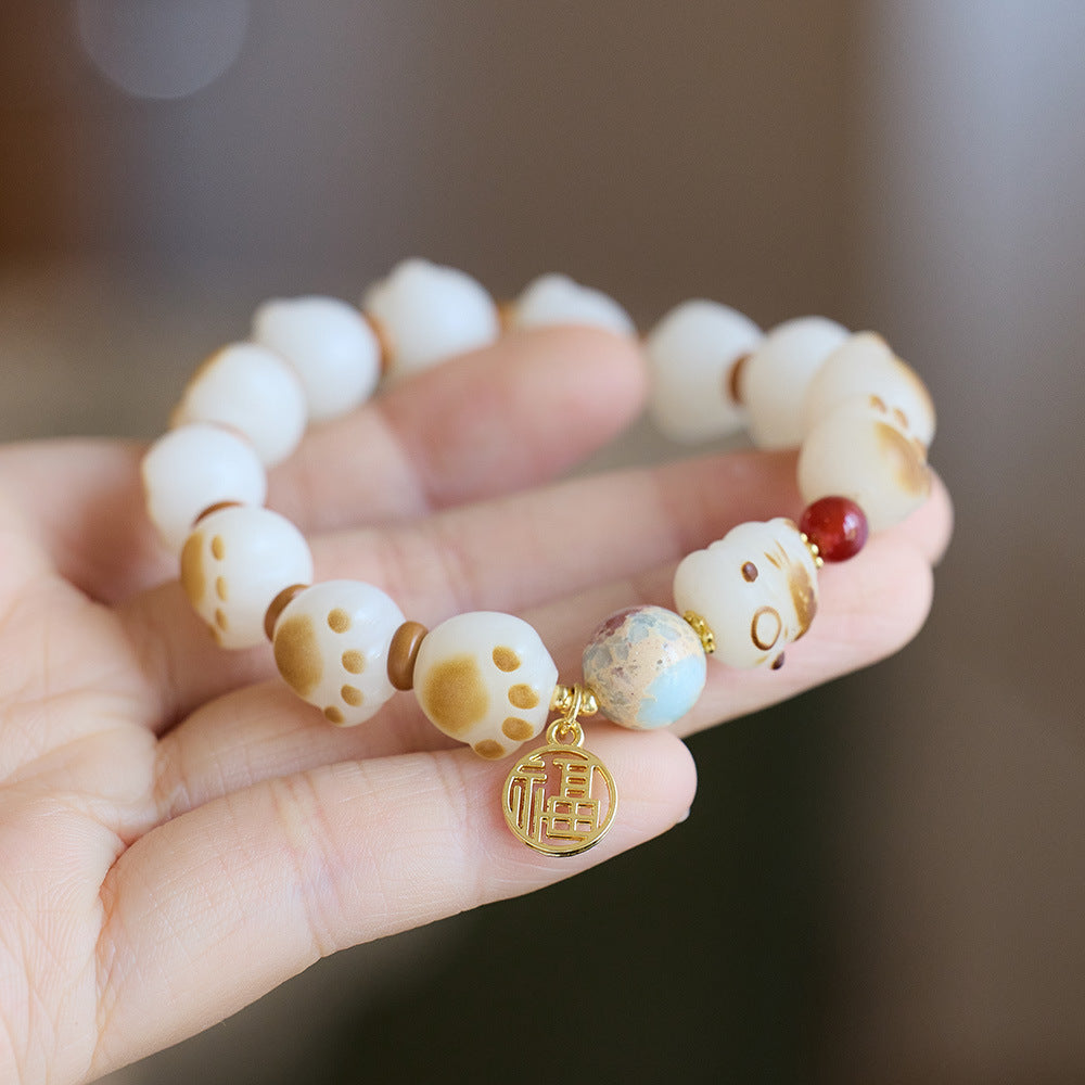Natural Charcoal Burnt Cat Paw Bodhi Root Bracelet for Women, Cat Milk Bean Hanging Fortune Bodhi Root Small Cat Buddha Bead Bracelet
