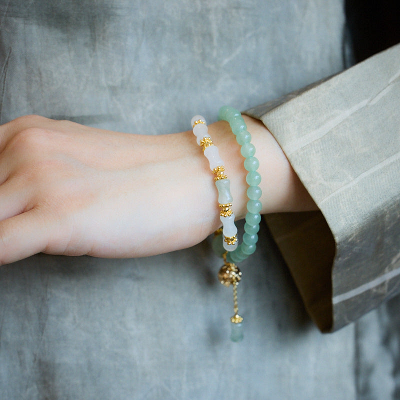 Natural Tianshan Jade Bamboo Knot Bracelet Green Dongling Jade Color Golden Silk Jade Swallowing Gold Beast Bell High-end Bracelet