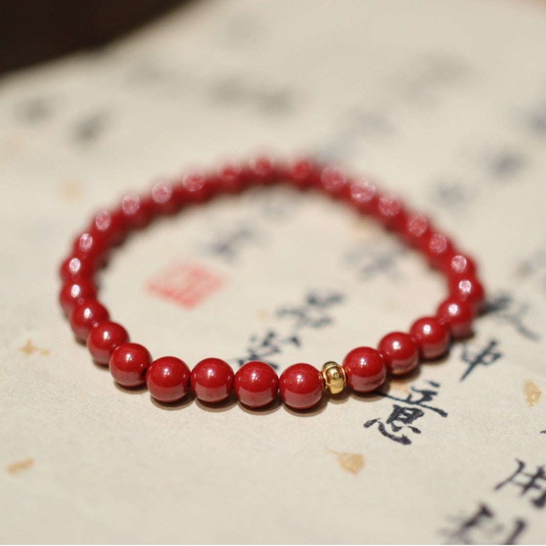 Custom Natural High Content Imperial Sand Bracelet with Amber and Pearl, Chinese Style Red Birth Year Cinnabar Beaded Bracelet