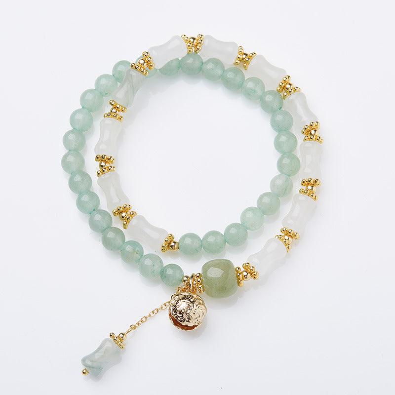 Natural Tianshan Jade Bamboo Knot Bracelet Green Dongling Jade Color Golden Silk Jade Swallowing Gold Beast Bell High-end Bracelet