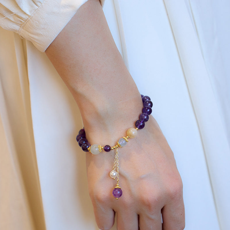 Unique Design Natural8MM Amethyst Bracelet for Women with Pearl Pendant and Tassel, Female Jewelry, Best Friend Gift