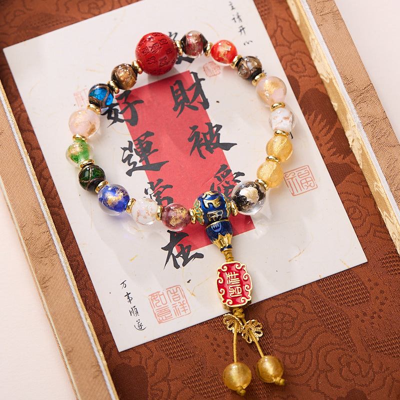 2025Year of the Snake Temple Incense Ash Glaze Incense Ash Porcelain Bracelet Gold Leaf Glaze Bracelet Wealth Vermilion Gift for Men and Women