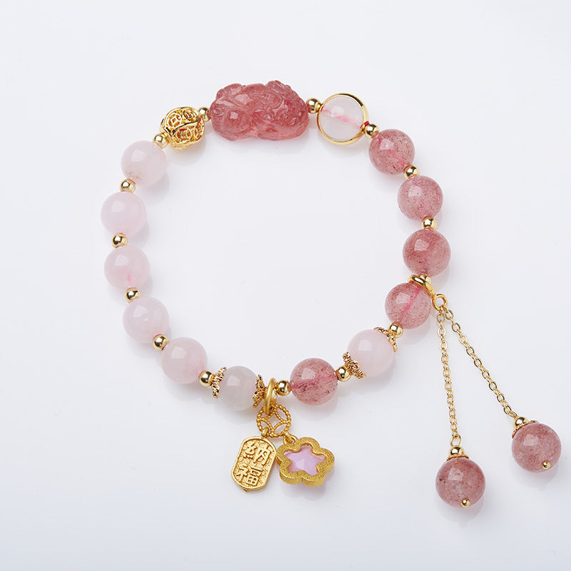 Natural Strawberry Quartz and Pink Quartz Double Bracelet for Women Strawberry Quartz Pixiu Wealth Flower Good Luck Bracelet Crystal Bracelet